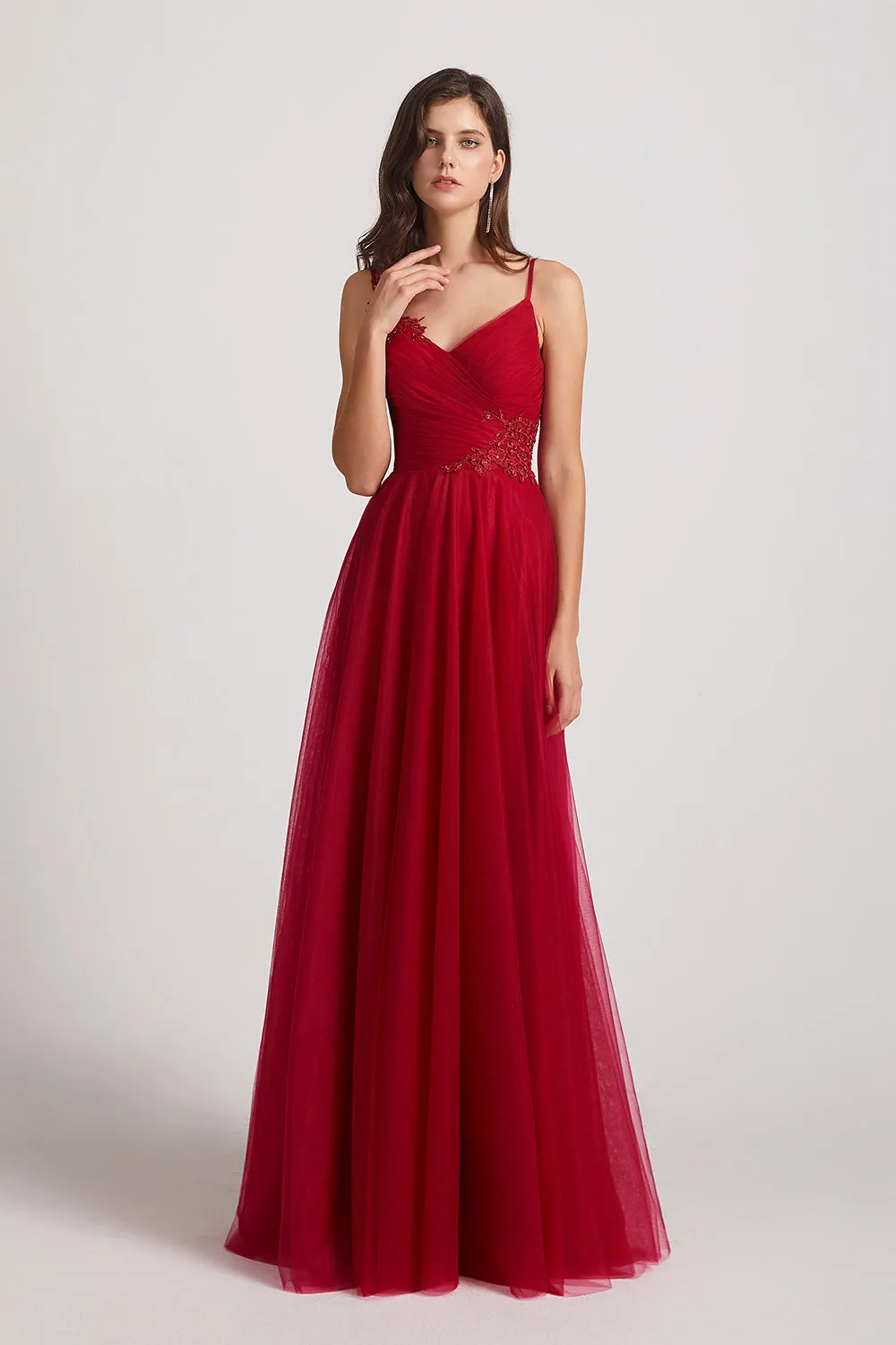 Spaghetti Straps V-Neck Tulle Bridesmaid Dresses with Appliques (AF0068)