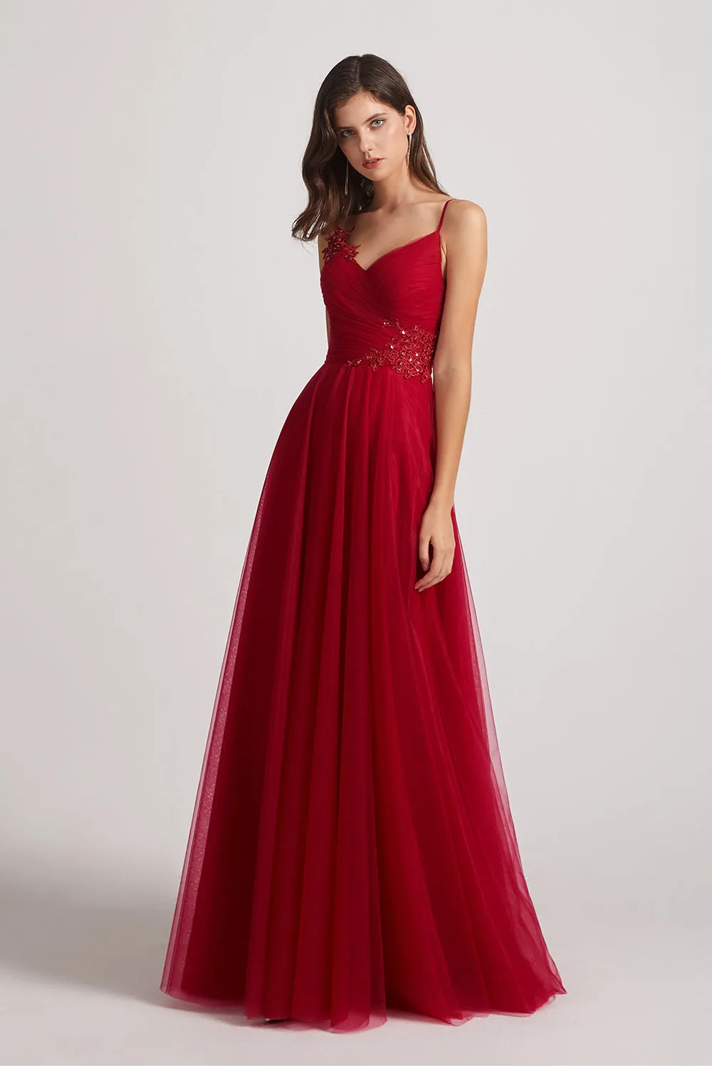 Spaghetti Straps V-Neck Tulle Bridesmaid Dresses with Appliques (AF0068)