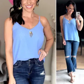 SPRING BLUE SWISS DOT ADJUSTABLE STRAP V-NECK CAMI TOP