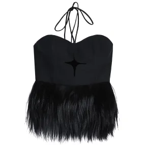 Star Cutout Fur Embellished Wool Halter Tank Top