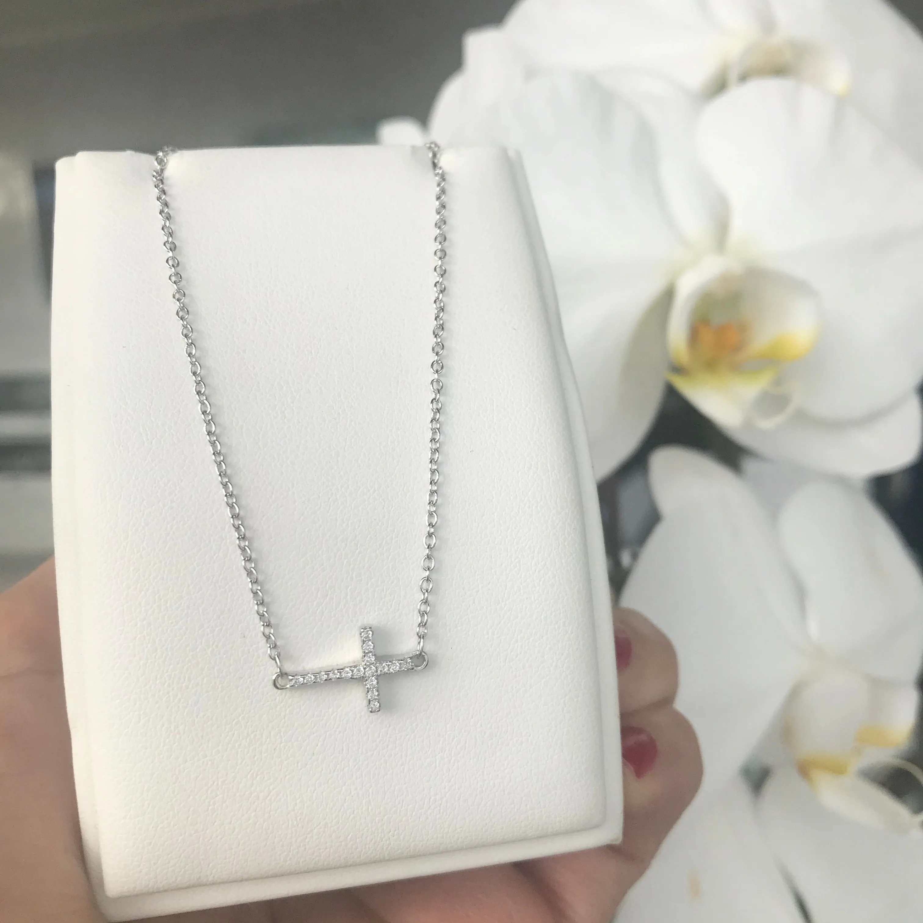 Sterling Silver Sideways CZ Cross Necklace