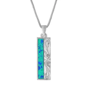 Sterling Silver Synthetic Blue Opal Carved Long Bar Pendant Necklace, 16 2" Extender