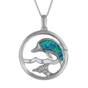 Sterling Silver Synthetic Blue Opal Dolphin Circle Pendant Necklace, 16 2" Extender