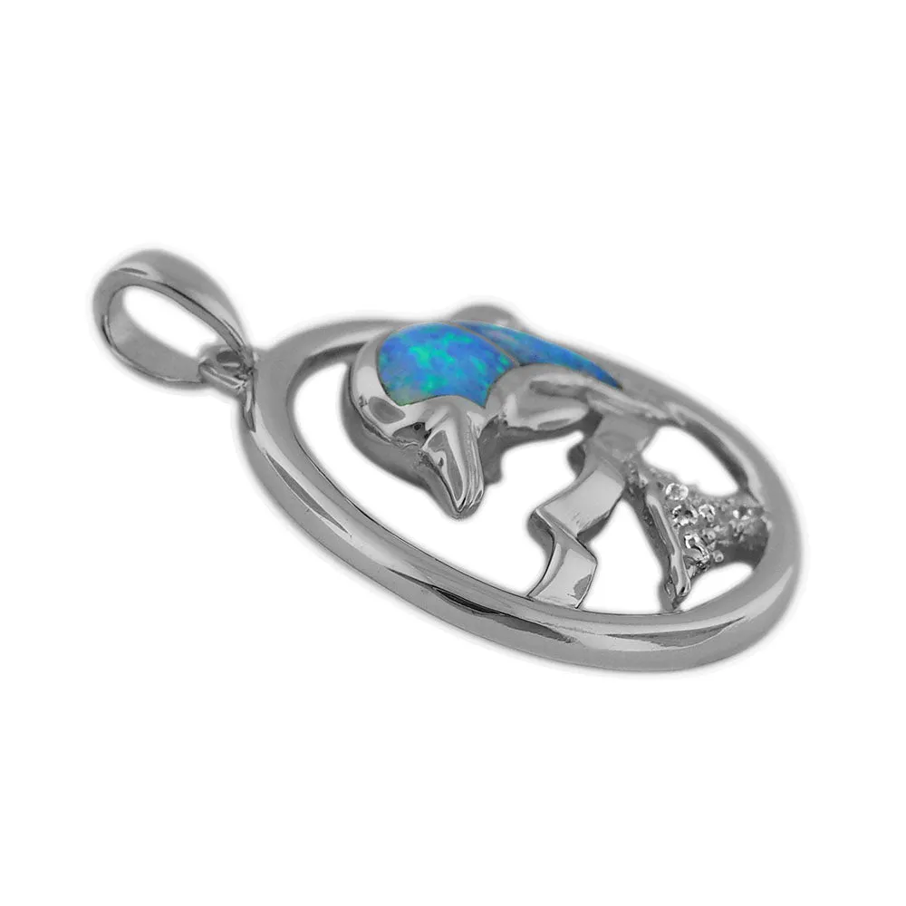 Sterling Silver Synthetic Blue Opal Dolphin Circle Pendant Necklace, 16 2" Extender