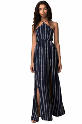 Striped Halter Split Leg Maxi Dress