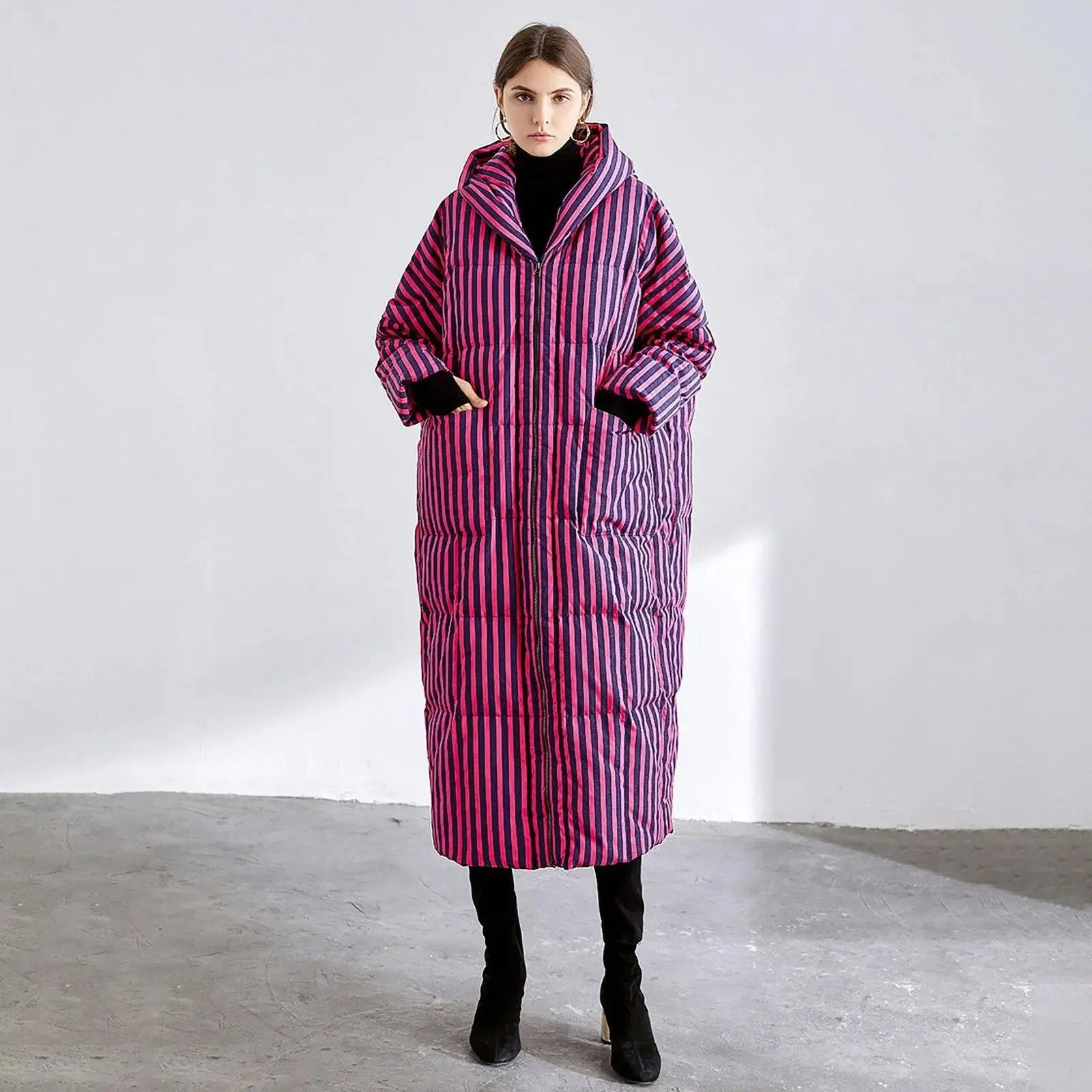 Striped Hooded Down Feather Puffer Midi Long Coat