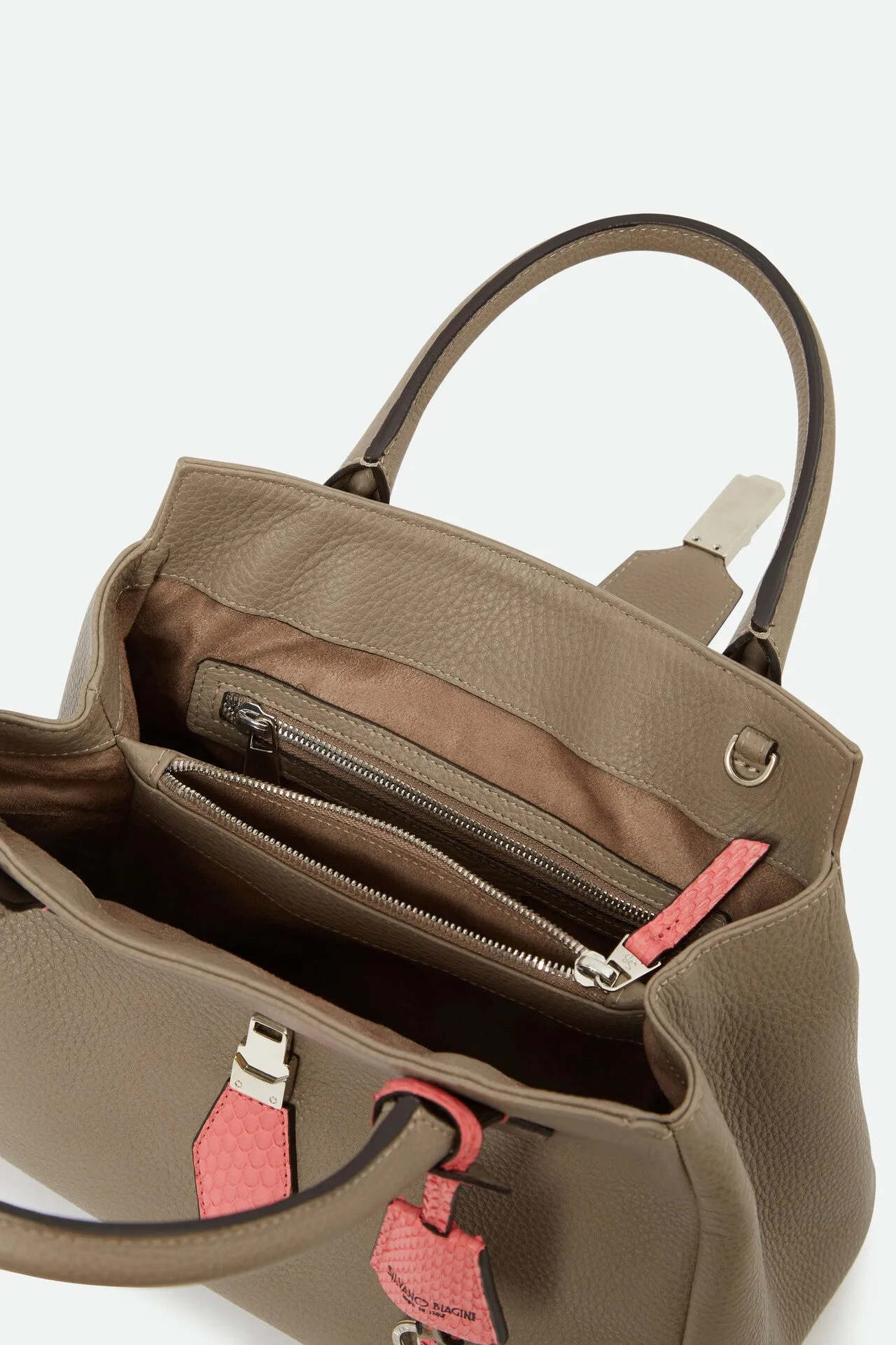 TAUPE AND PINK ACCENT CONVERTIBLE ITALIAN HANDBAG