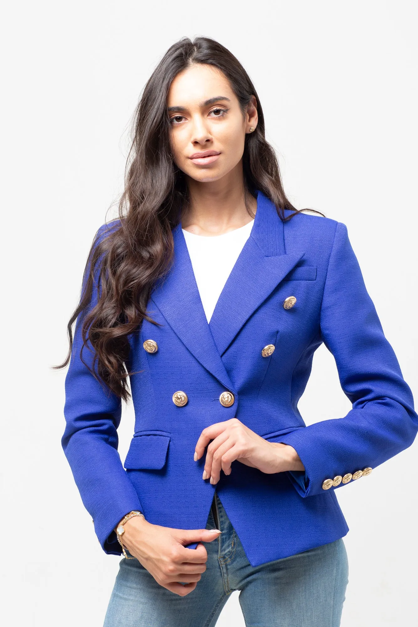 TEXTURED GOLD BUTTON BLAZER COBALT BLUE