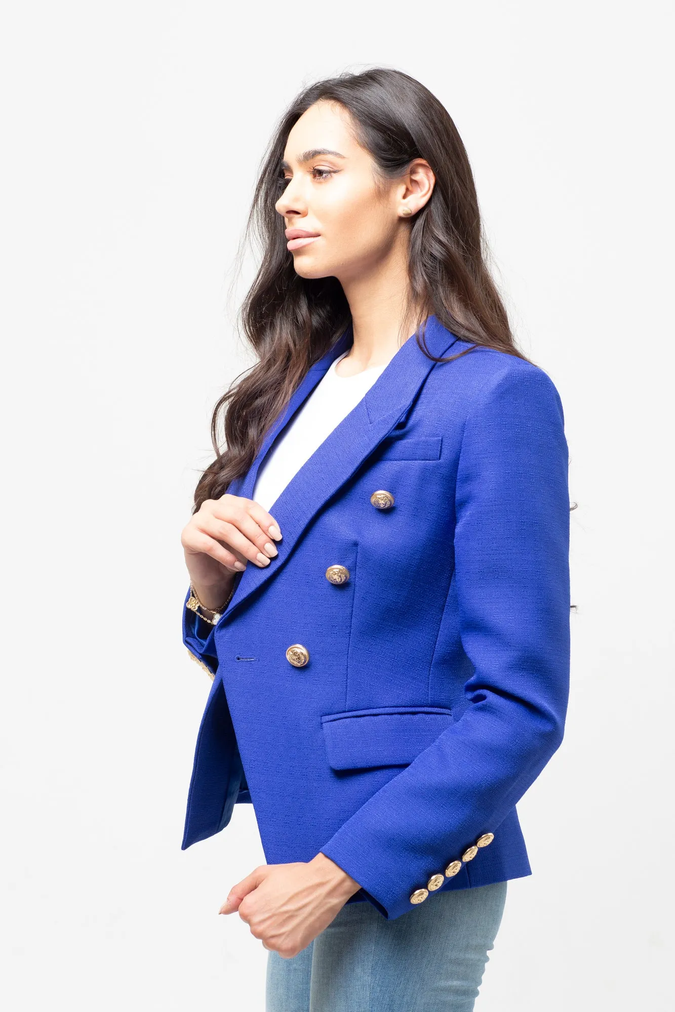 TEXTURED GOLD BUTTON BLAZER COBALT BLUE