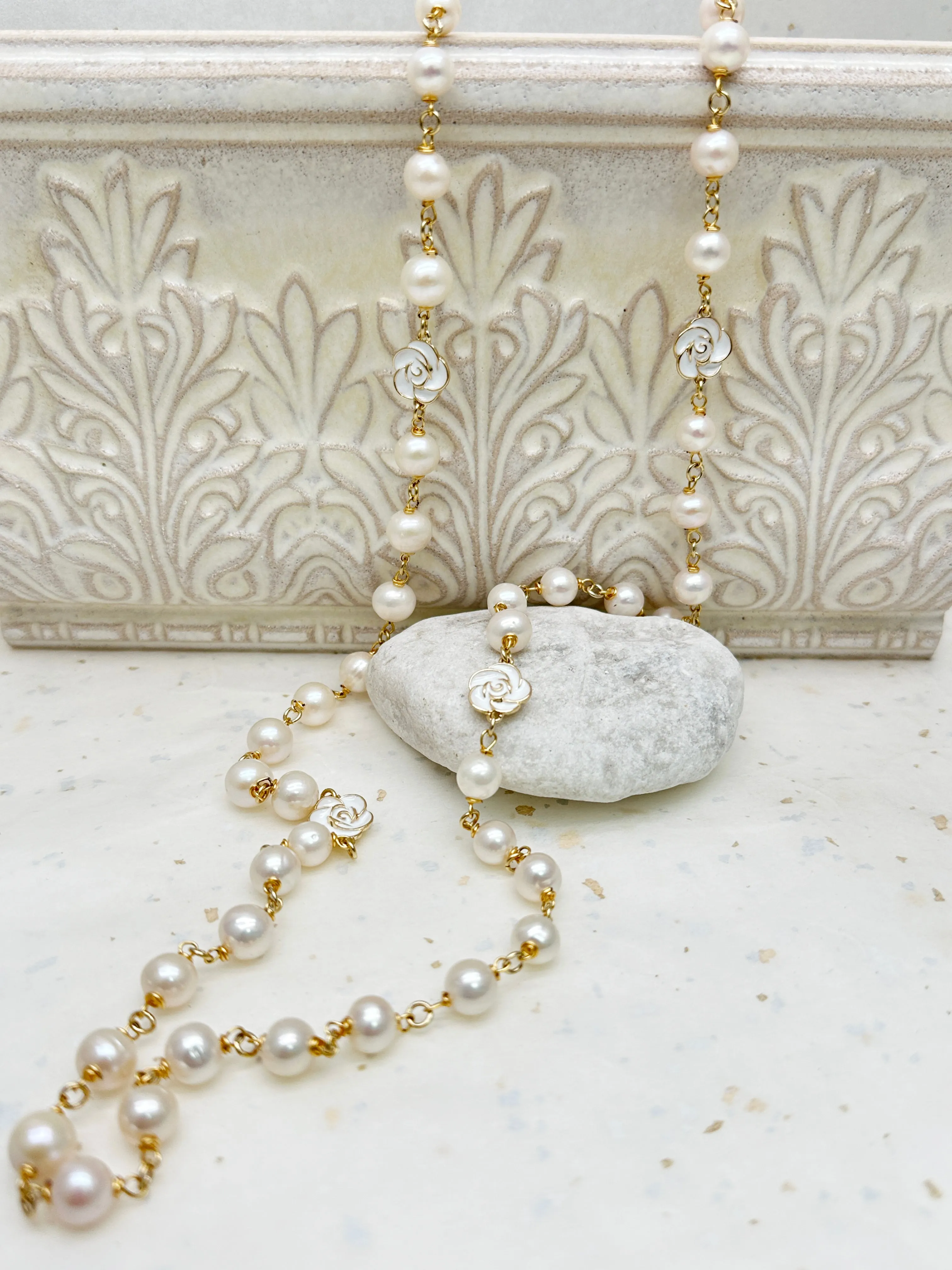 Timeless Freshwater Pearls with White Rose Flowers Long Necklace LN061