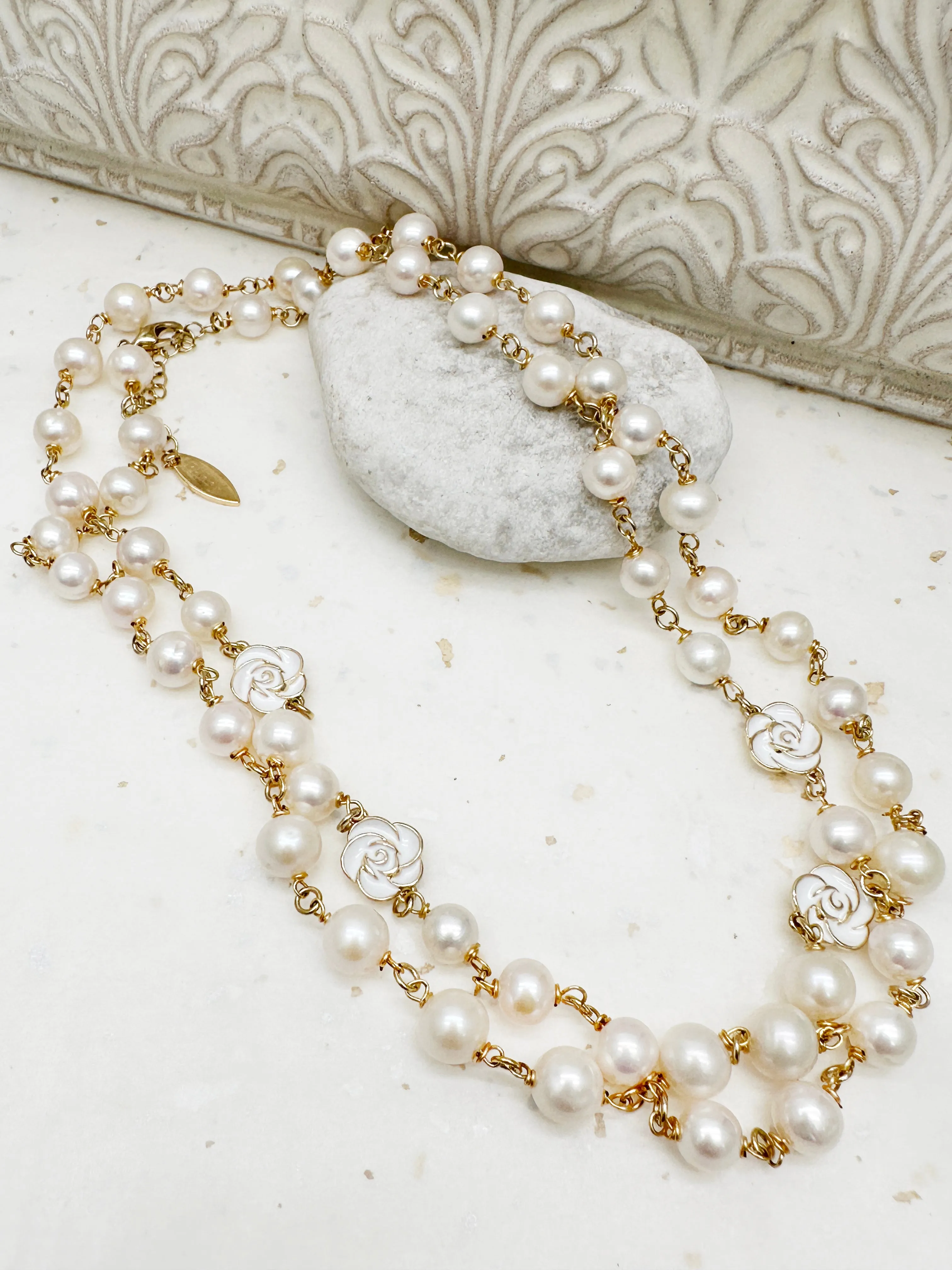 Timeless Freshwater Pearls with White Rose Flowers Long Necklace LN061