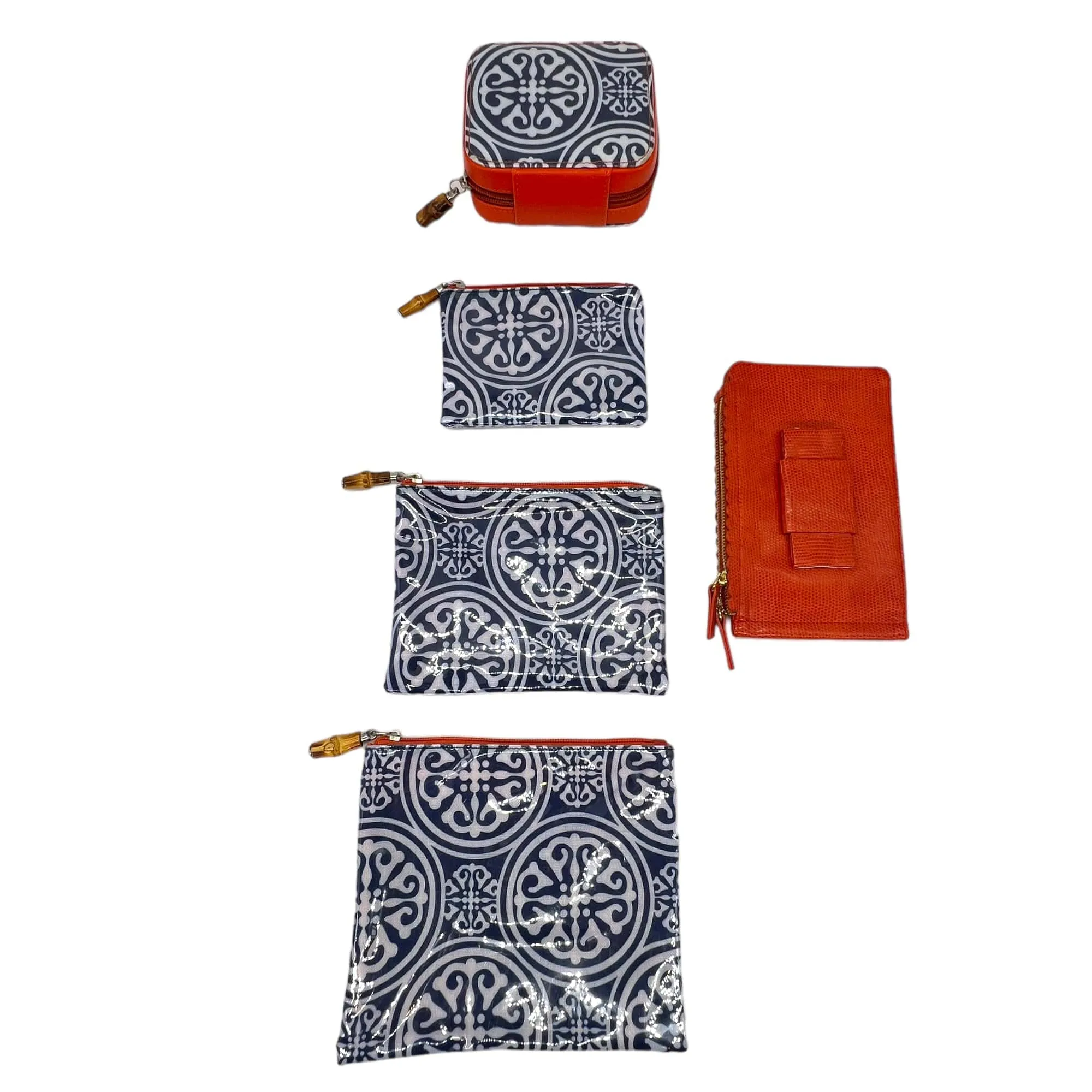 TRAVEL SET 5-Piece with Zip Pouches, Jewelry Case & Wallet - Navy, White & Orange