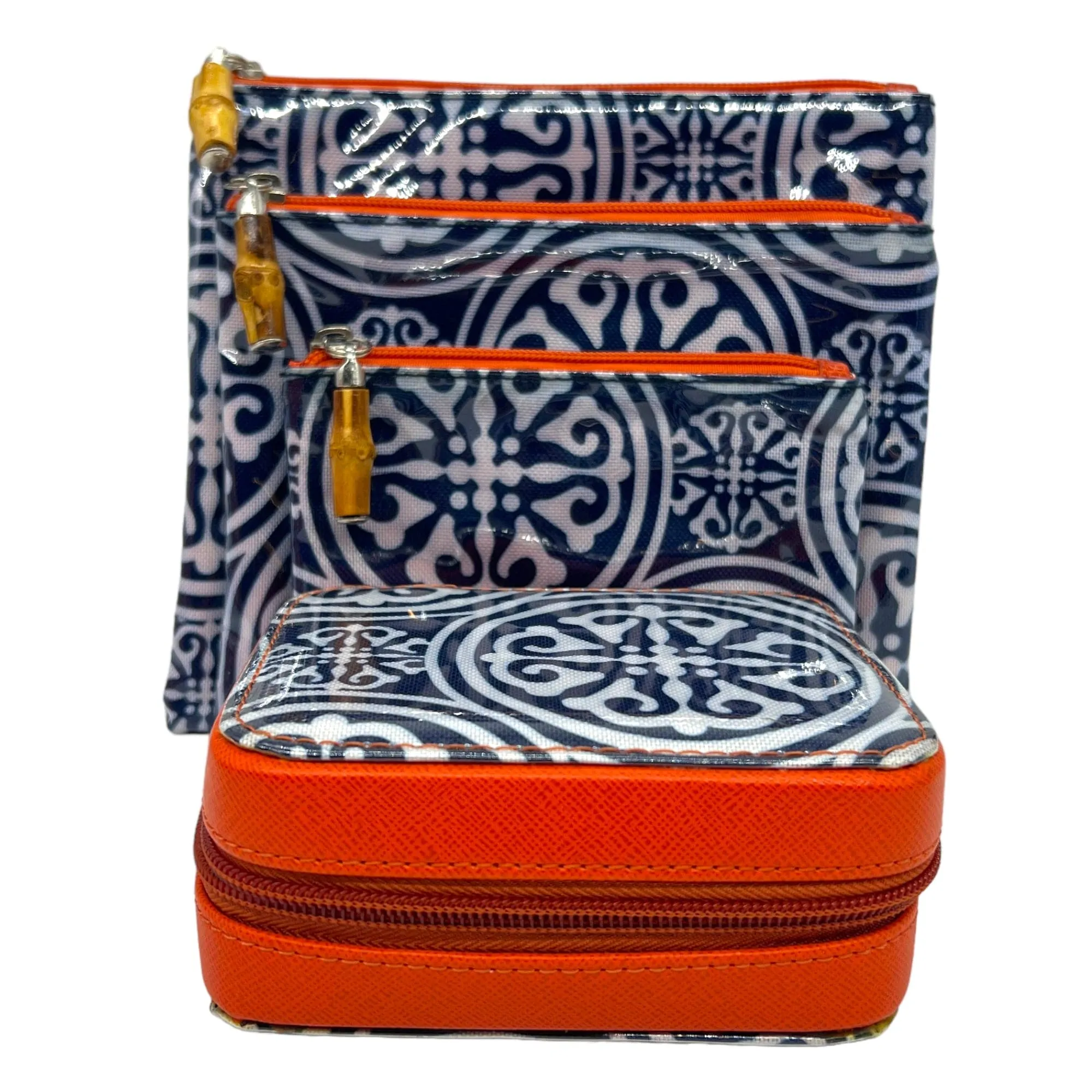 TRAVEL SET 5-Piece with Zip Pouches, Jewelry Case & Wallet - Navy, White & Orange