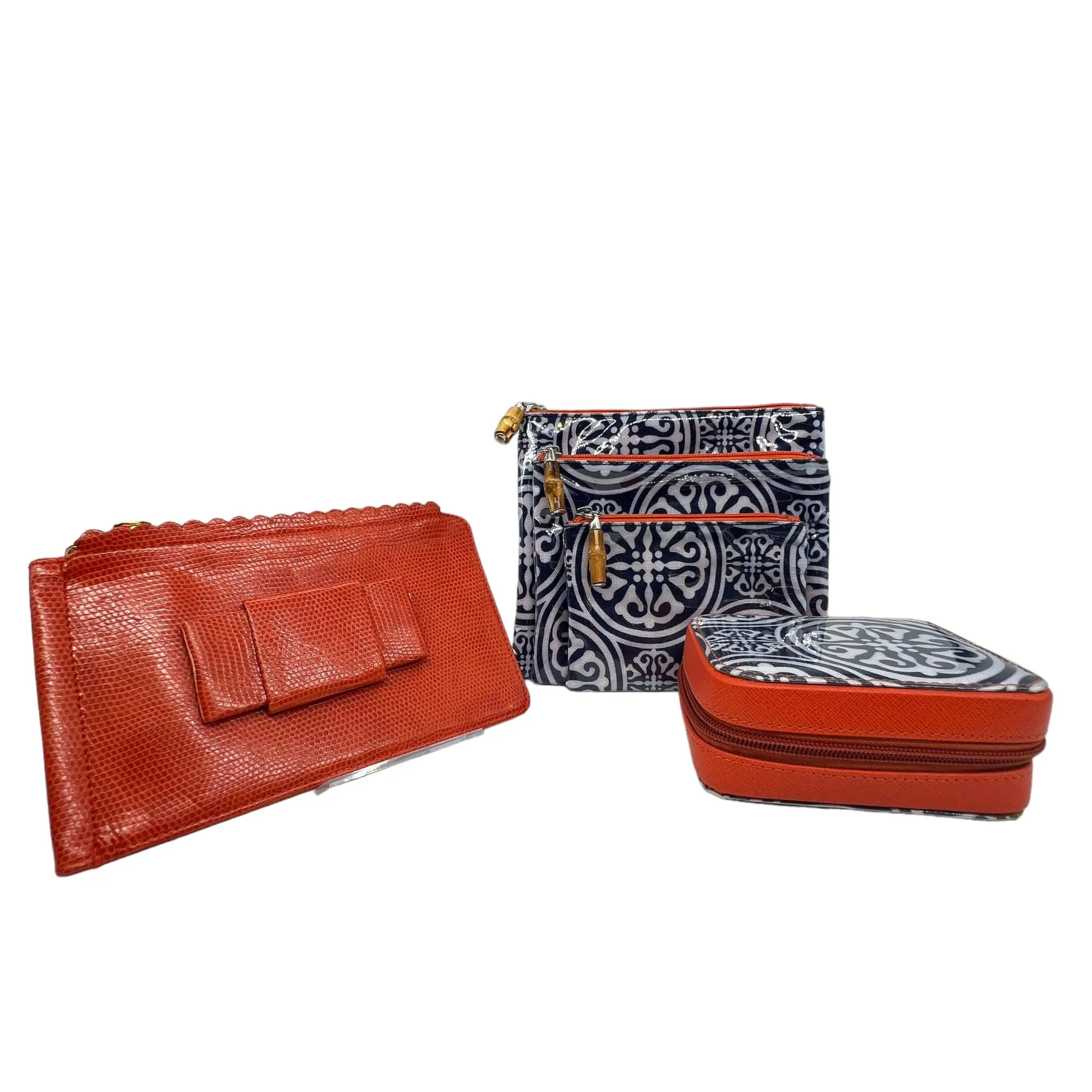 TRAVEL SET 5-Piece with Zip Pouches, Jewelry Case & Wallet - Navy, White & Orange