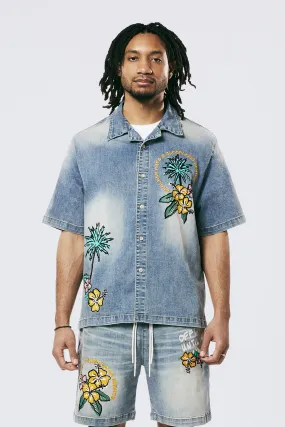 Tropical Doodle Denim Shirt - Malibu Blue