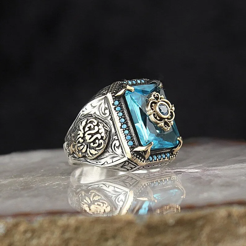 Vintage Tribal Texture Inlaid Aquamarine Zircon Ring