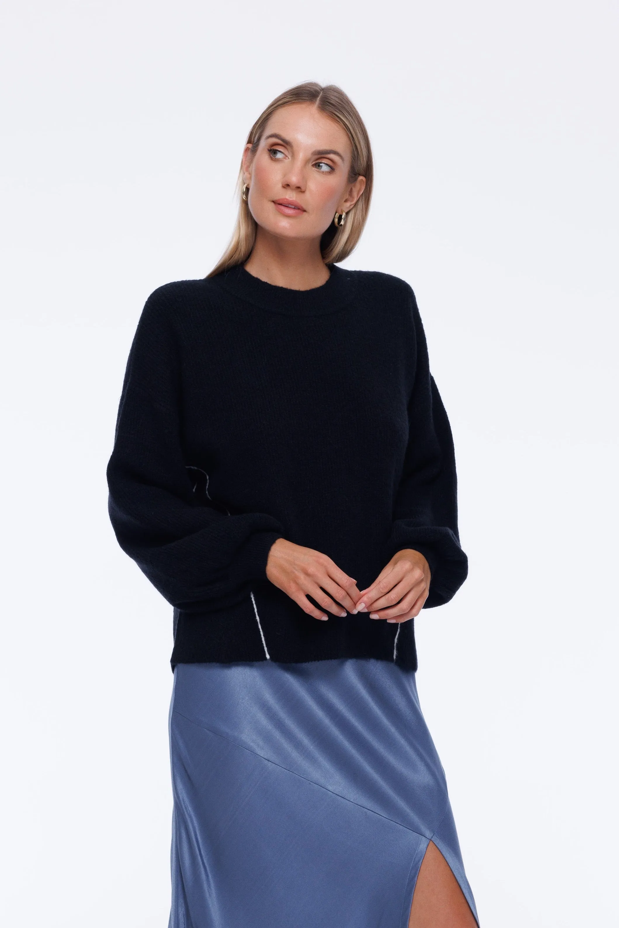 Viola Sweater - Black with White Stitching