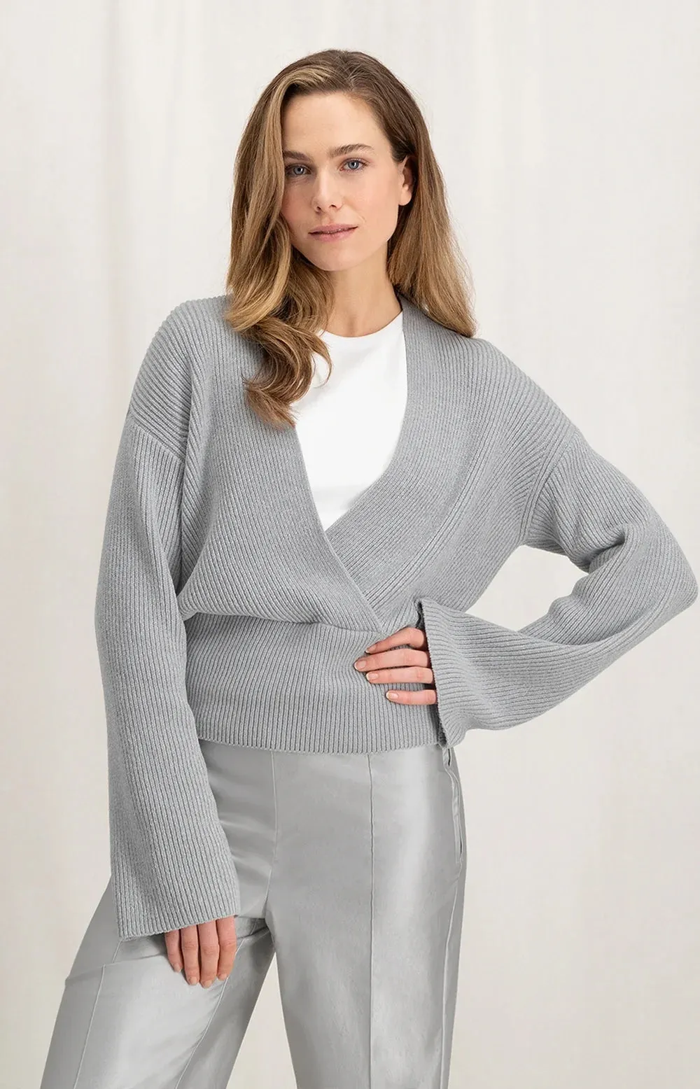 Yaya Cropped Wrap Sweater Wide Sleeves